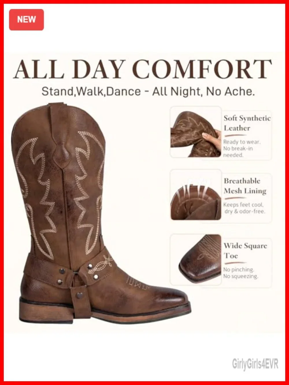 Women's Square Toe Cowgirl Boots Mid-Calf Faux Leather Western